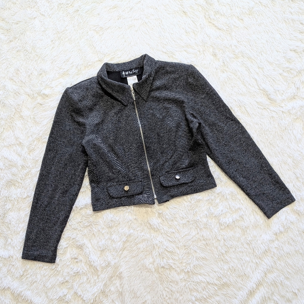 90s Vintage All That Jazz Grey Stretch Knit Crop Full Zip Jacket Size 11/12